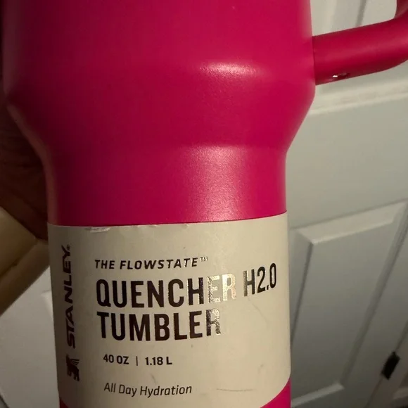 Stanley Pink Tumbler with Handle and Teal Logo - Picture 2 of 7